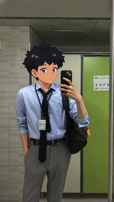 An anime-style digital illustration of a young man with messy black hair, wearing a light blue dress shirt, black tie, and gray trousers, taking a mirror selfie with a smartphone in a room with a green door.