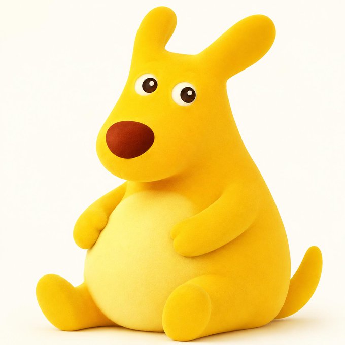 A 3D rendered yellow cartoon character resembling a stylized dog or kangaroo-like creature with large eyes, a brown nose, and small ears, sitting against a white background.