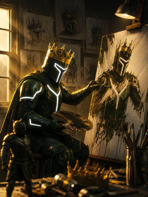 Digital artwork of a knight in dark armor with glowing white accents wearing a gold crown, painting a self-portrait at an easel in a sunlit artist's studio.