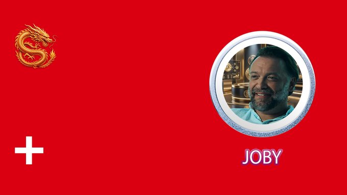 A promotional graphic with a red background features a golden dragon logo, a plus sign, and a circular profile photo of a smiling bearded man labeled "JOBY," announcing the new CoinAsia listing of the $Joby token on Solana.
