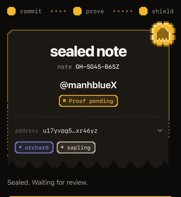 A screenshot of a "sealed note" interface from zkghosts showing a note ID "GH-SG4S-B6SZ" from user "@manhblueX" with "Proof pending" status, using the "orchard" and "sapling" protocols on address "u17yvpg5...xr46yz", captioned "Sealed. Waiting for review." — illustrating the post's message about using Zcash's shielded protocols (Orchard/Sapling) to anonymously submit a note to zkghosts' ghostlist.