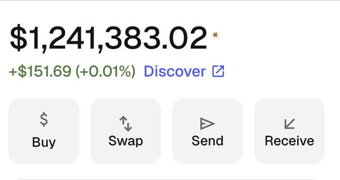 The image shows a balance of $1,241,383.02 with a gain of +$151.69 (0.01%) for "Discover." The post mentions bridging $200 to Stable, implying a crypto transaction reflected in this balance.