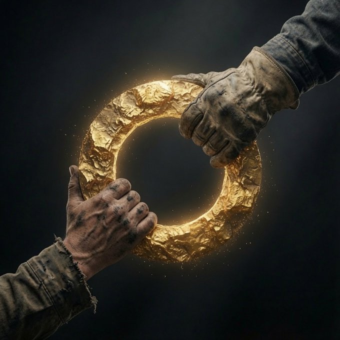 The image features two hands, one wearing a ring with a gold center and another hand holding a golden ring against a black background. The text above the image reads "What @ore means Trust , Collaboration , Privacy , Store of value , Speed , Yield , Honor , Freedom , Decentralisation , Community , Loyalty , Fun , Integrity , Resilience , Blood Bonds". This suggests that the golden rings symbolize trust, collaboration, privacy, and other values.