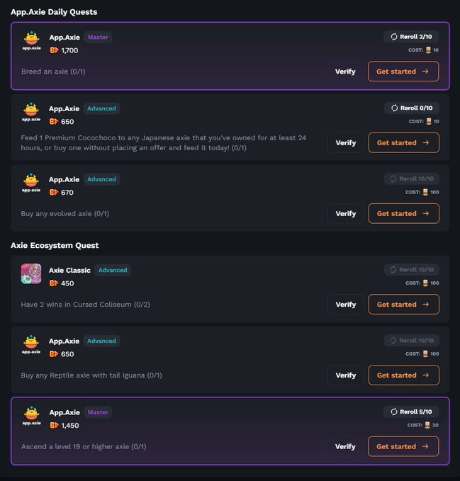 A webpage showing App.Axie Daily Quests and Axie Ecosystem Quest listings with point rewards, including tasks like 'Breed an axie,' 'Buy any evolved axie,' and 'Ascend a level 19 or higher axie.'