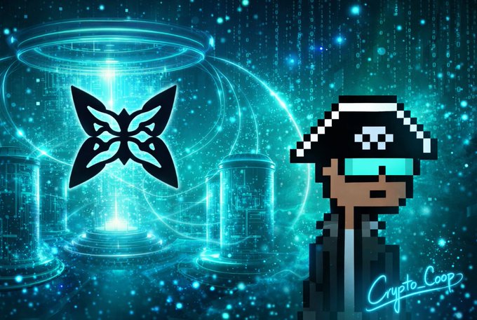 The image features a man wearing glasses and a pirate hat standing next to a butterfly-like symbol with a skull and crossbones design. The background consists of blue lights that create an immersive digital environment, possibly representing a futuristic or virtual setting. The caption reads "A lot of people still view quantum computing the same way people once viewed cloud infrastructure: Interesting idea. Maybe useful someday. Not relevant yet. That's why @quipnetwork caught my attention".
