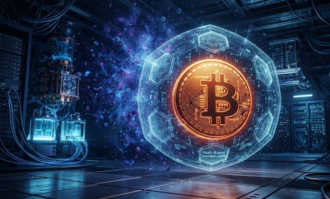 A digital artwork featuring a glowing golden Bitcoin symbol encased in a translucent, futuristic shield with the text 'Hash Based Quantum-Safe,' set against a dark background with cosmic and technological elements.