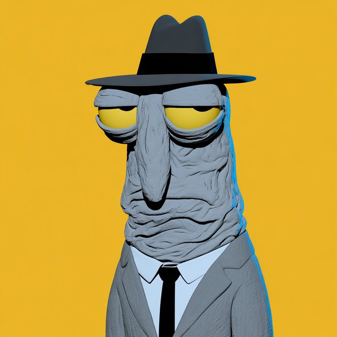 A surreal 3D portrait of a gray, heavily textured humanoid in a dark fedora, suit, white shirt, and black tie, with drooping yellow eyes against a solid orange background.