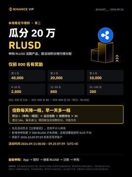 A Binance VIP promotional graphic in Chinese offering to share 200,000 RLUSD, listing 800 prize winners across tiers, with a 'SOLD FOR' amount and activity details.
