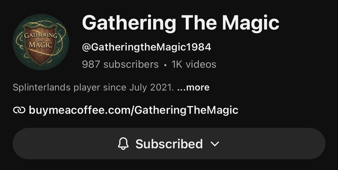 YouTube channel page screenshot for 'Gathering The Magic' (@GatheringtheMagic1984) showing 987 subscribers, 1K videos, and a 'Subscribed' button.