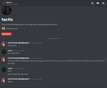 A Discord server chat log titled "tactic" shows the beginning of a roleplay server by Tactic, featuring a conversation between users FASTFOOD REMBRANDT and Tactic.