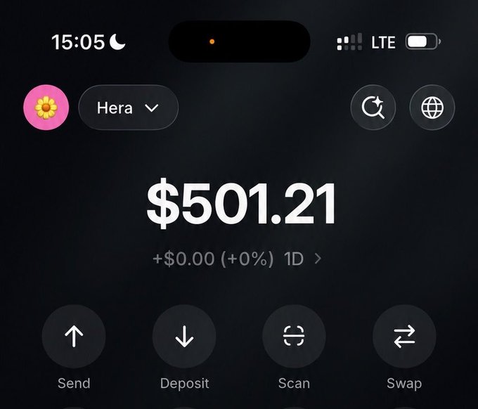 A screenshot of a cryptocurrency wallet account named "Hera" showing a balance of $501.21, with options to Send, Deposit, Scan, and Swap. The user's gratitude to @realdogen suggests this balance reflects a recent gift or tip received in the wallet.
