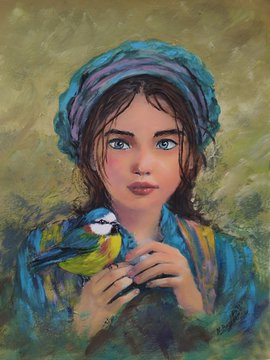 A detailed painting portrait of a young girl wearing a teal knitted hat, holding a colorful songbird (blue, yellow, and red), against a muted yellow-green textured background.