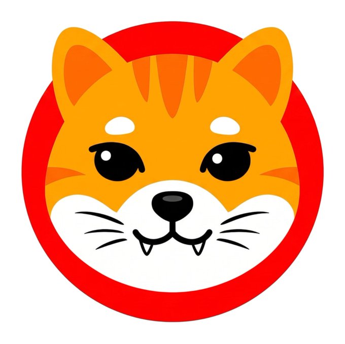 A cute cartoon illustration of an orange and white tabby kitten with large black eyes and small fangs, set inside a red circle on a white background.