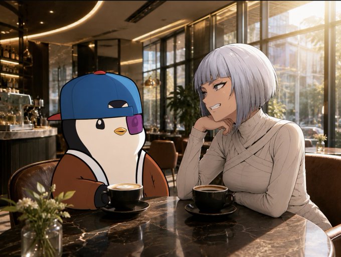 A penguin mascot wearing a blue cap and brown jacket sits at a marble café table across from a silver-haired anime woman in a beige turtleneck, both smiling over coffee cups in a warmly lit upscale coffee shop. The image's playful pairing of a cartoon character with an anime-style companion visually reinforces the post's lighthearted, meme-driven crypto/NFT message urging followers to stay cautious and profit.