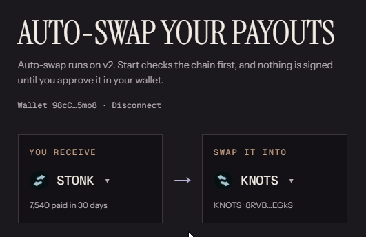 The image shows a dark-themed "Auto-Swap Your Payouts" interface, running on v2, displaying a wallet address (98cC…5m08) and a swap configuration that converts STONK tokens into KNOTS, noting "7540 paid in 30 days." This visually demonstrates the delivered auto-swap feature praised in the post, highlighting the team's commitment to shipping roadmap promises on Solana.