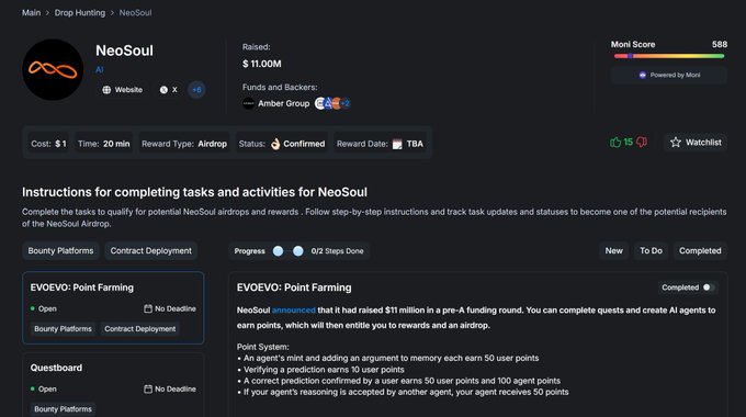 A webpage for the 'NeoSoul' project showing $11.00M raised from the 'Amber Group', with instructions for tasks including 'EVOEVO: Point Farming' and 'Questboard' to earn an airdrop.