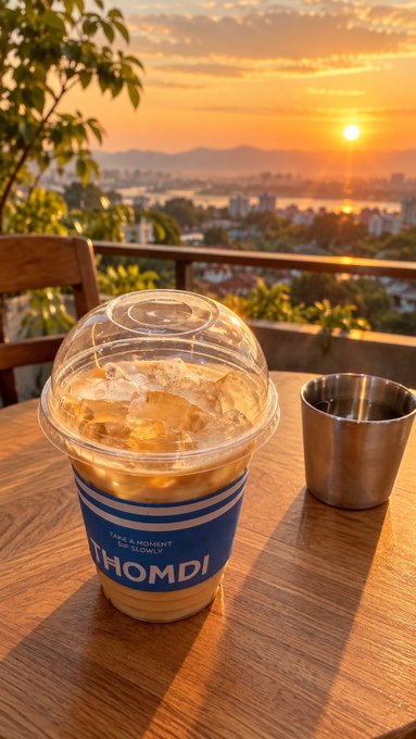 An iced beverage in a clear plastic cup with a domed lid sits on a wooden table, with a sunset view of a coastal city in the background. The cup has a blue band with the text 'HOMDI' and 'TAKE A MOMENT SIP SLOWLY'.
