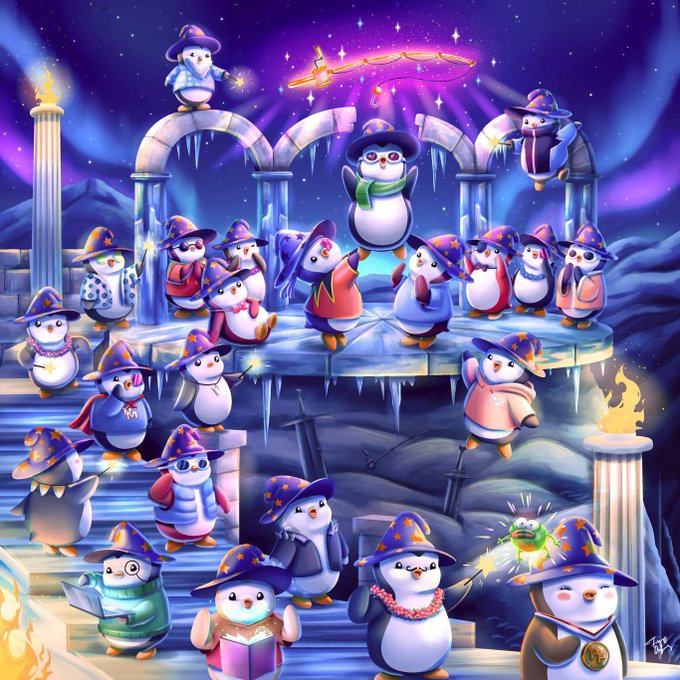 The image features a group of penguins dressed up as characters from popular culture, such as Harry Potter or other stories. The penguins are wearing hats and costumes that resemble their favorite characters. They appear to be dancing together under a starry sky, creating an enchanting atmosphere. The background includes a castle-like structure with a large archway, adding to the magical ambiance of the scene. The post highlights the progress made by Pudgy Penguins and $PENGU in recent months, showcasing their achievements through captivating visuals that draw attention to their work.
