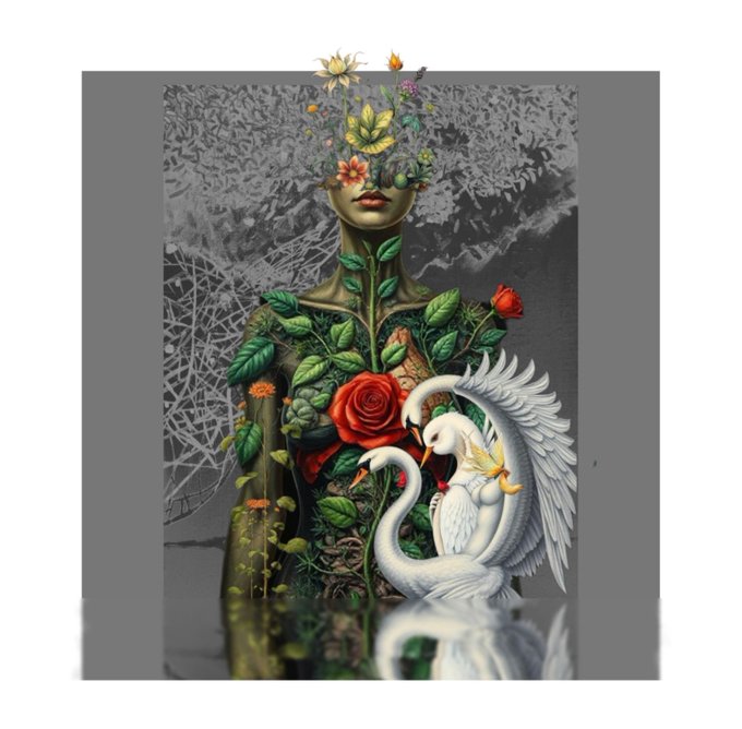 A surreal female figure with flowers growing from her eyes and vines emerging from her body holds a red rose and embraces a white swan, symbolizing the birth of life and light from darkness as described in the post. The muted grayscale background contrasts with the vibrant natural elements, evoking themes of creation, duality, and rebirth.