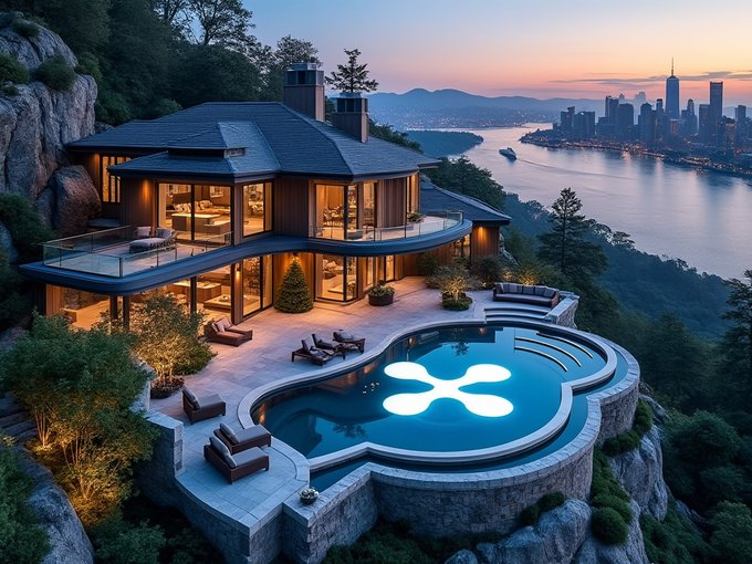 A luxurious modern cliffside mansion featuring a curved swimming pool with a glowing X-shaped light, expansive glass walls revealing a warmly lit interior, set against a scenic backdrop of a city skyline and waterway at dusk.