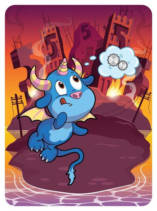 Cartoon illustration of a small blue dragon with a unicorn horn looking scared atop a rock, with a thought bubble showing gear-shaped clouds and a burning cityscape behind it.