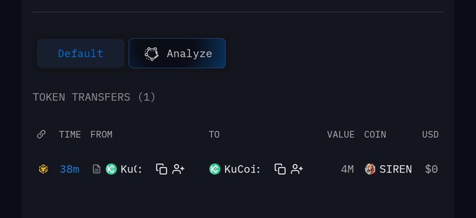 A blockchain transaction interface shows a single token transfer of 4M $SIREN between two KuCoin addresses approximately 38 minutes ago, illustrating the large exchange-related movement flagged in the post. The "$0" USD valuation and SIREN token ticker highlight the transfer details being monitored.