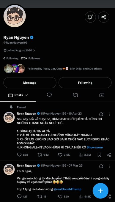 A Twitter/X profile page for 'Ryan Nguyen' (@RyanNguyen195) showing 970K followers, with pinned posts in Vietnamese including one from 07 Mar 25 mentioning @realDonaldTrump.