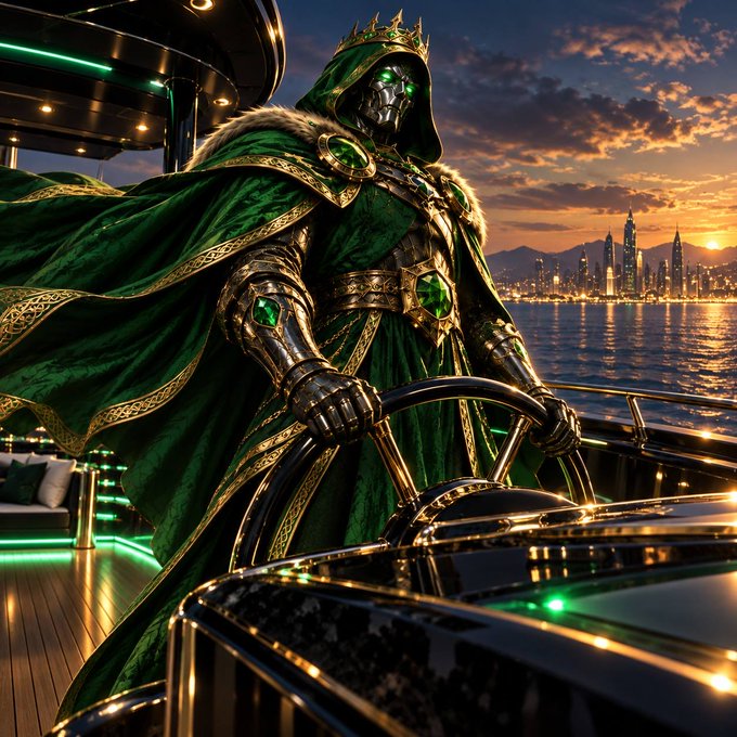 A fantasy digital artwork depicting a metallic figure wearing a green cloak with a fur collar and a gold crown, with glowing green eyes, standing at the helm of a yacht at sunset with a futuristic city skyline in the background.
