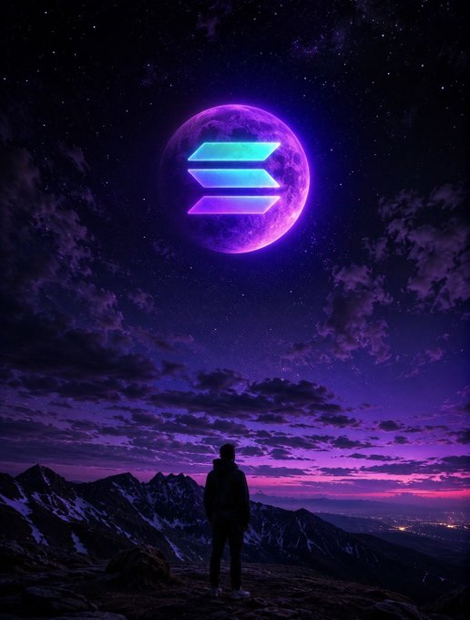 A digital illustration of a hooded figure standing on a mountain peak at night, looking up at a large purple moon displaying the glowing Solana logo.