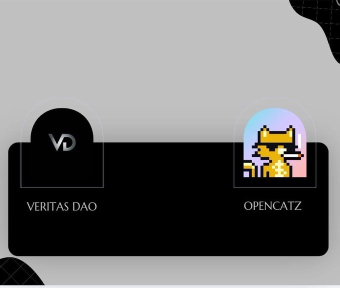 A digital graphic displaying two project logos: 'VERITAS DAO' represented by a black arched icon with a 'VD' monogram, and 'OPENCATZ' represented by a pixel art cat.