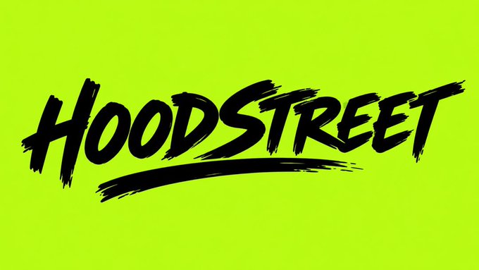 A logo graphic with the text 'HoodStreet' written in bold black brushstroke font on a bright lime green background.