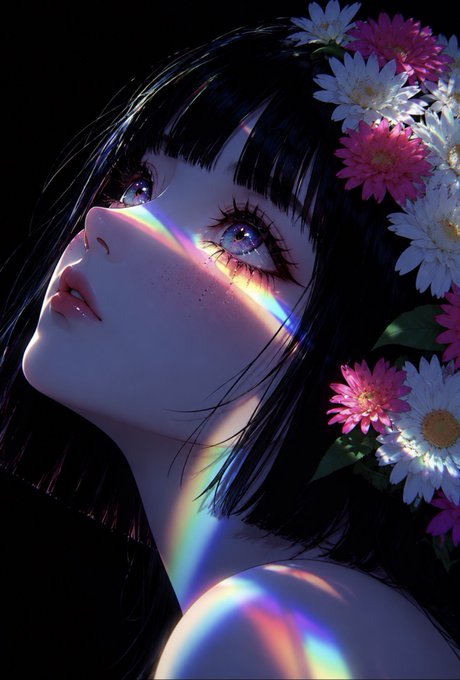 A stylized digital portrait of a woman with dark hair and freckles looking upward, adorned with white and pink flowers, with a rainbow light prism casting colors across her face and shoulder against a black background.