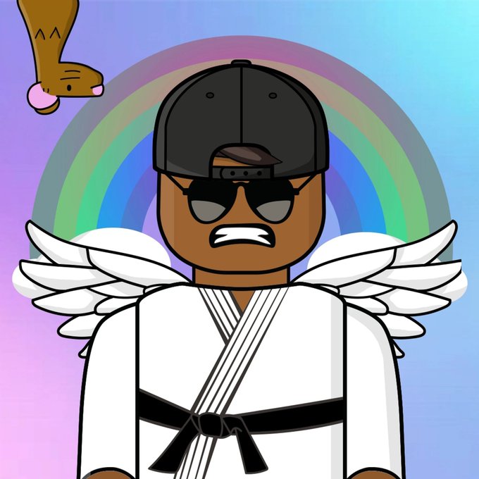 A cartoon avatar NFT depicting a character with sunglasses, a backwards black cap, angel wings, and a white martial arts robe against a rainbow gradient background.