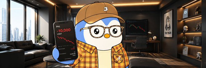 An animated penguin character wearing glasses, a brown cap, and a plaid shirt, holding a smartphone displaying a stock chart with 'Pnl. -10,000' in red, set against the backdrop of a modern home office.