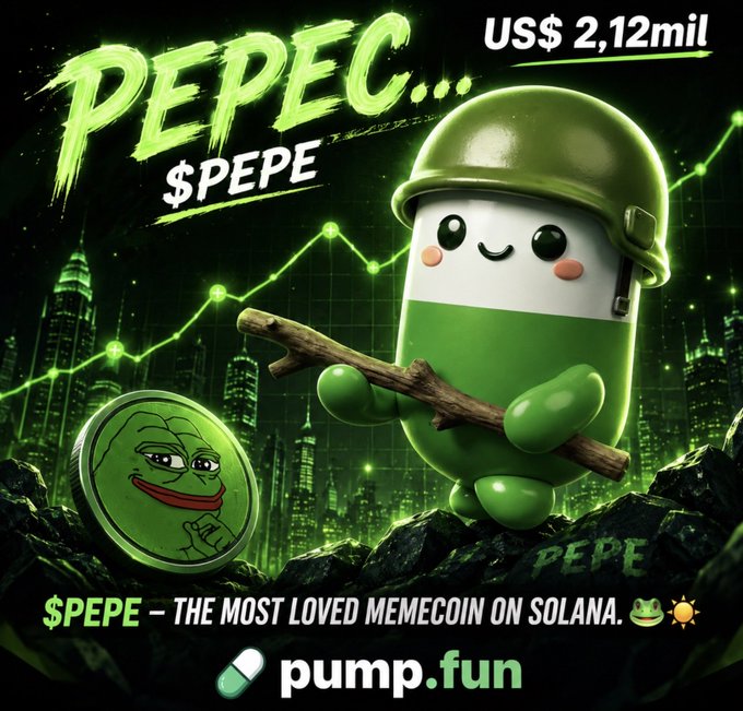 The promotional image features a cute green pill-shaped soldier character with a smiling Pepe frog face, holding a stick against a neon cityscape with a rising green chart, promoting "$PEPE – The Most Loved Memecoin on Solana" with a market cap of US$ 2.12mil via pump.fun. The post highlights $PEPE's emerging community on Solana, emphasizing early believer sentiment and the frog "waking up" as symbolized by the bullish green candle imagery.