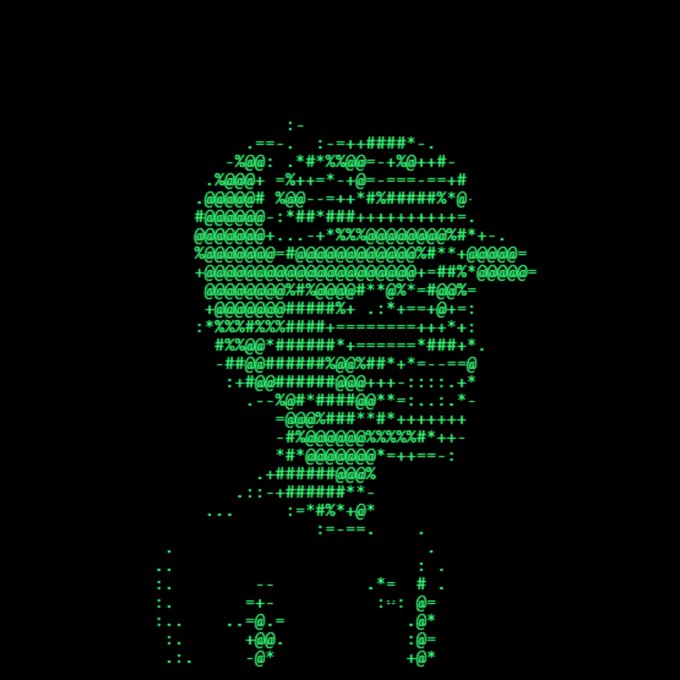 An ASCII art depiction of Apple's "Think Different" Albert Einstein portrait, rendered in green text on a black background.
