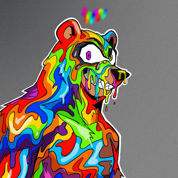 urn of paint splatters a bear's face, with eyes and mouth open wide, against a gray background.