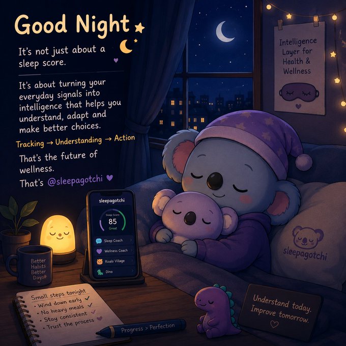 A cozy illustrated 'Good Night' graphic for @sleepagotchi featuring a koala character in a nightcap sleeping with a smaller koala, alongside a phone showing a sleep score of 85 and a checklist of healthy bedtime habits.