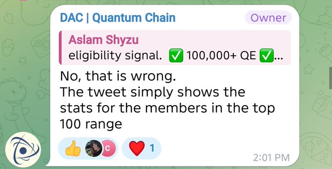 A chat message in the 'DAC | Quantum Chain' group from 'Aslam Shyzu' stating 'No, that is wrong. The tweet simply shows the stats for the members in the top 100 range'.