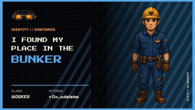 A pixel-art profile card for 'OLS-07' showing a worker character in a hard hat and blue uniform, with the text 'I FOUND MY PLACE IN THE BUNKER' and the citizen handle '@Ox_adeleke'.