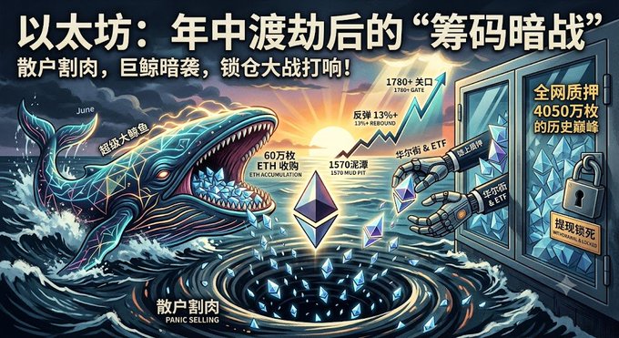 The image is a Chinese-language cryptocurrency infographic titled "以太坊：年中渡劫后的'筹码暗战'" (Ethereum: The "Chip Hidden War" After the Mid-Year Tribulation), featuring dramatic artwork of a giant whale, stormy seas, and locked vaults symbolizing market turbulence. It highlights key data points including "60万枚 ETH 收购" (600,000 ETH accumulation), "1570泥潭" (1,570 mud pit), "反弹13%↑" (13% rebound), "1780+ 关口" (1,780+ threshold), and "全网质押 4050万枚 的历史巅峰" (40.5M ETH all-time staking peak), while labeling the scene with terms like "散户割肉" (retail panic selling), "超级大鲸鱼" (super whale), and "锁仓大战" (lock-up battle)—visually echoing the post's narrative of June's crash to the $1,500-1