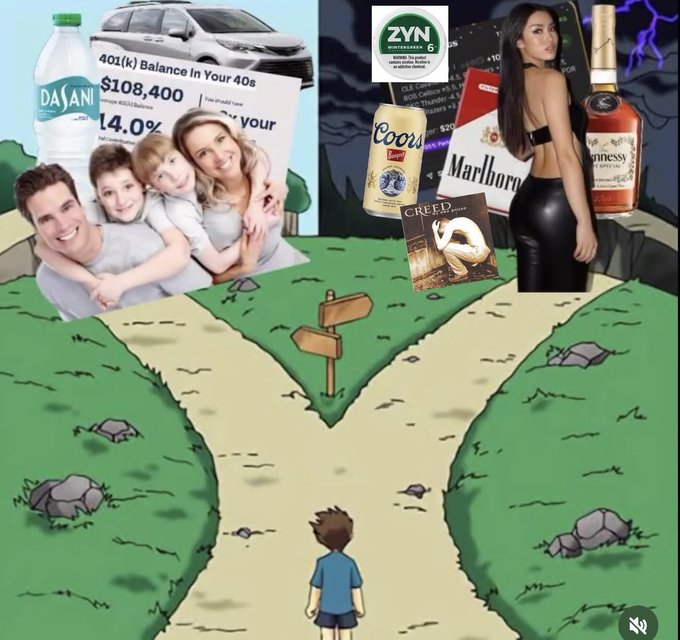 A cartoon figure stands at a crossroads facing two life paths: one side shows traditional American ideals with a family, Dasani water, a minivan, and a 401(k) balance of $108,400 at 14.0%, while the other displays vices and distractions including Coors Light, Marlboro cigarettes, Hennessy, Zyn nicotine pouches, and an album titled "Creep," illustrating the difficult choices facing 27-year-old American men today.