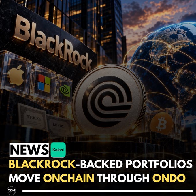 A graphic announcing news from Kalshi that BlackRock-backed portfolios are moving onchain through Ondo ($ONDO), featuring a large coin with the Ondo logo alongside logos for Apple, Microsoft, and NVIDIA, plus tags labeled "Stocks," "Bonds," and a Bitcoin symbol—all set against a backdrop of a glowing globe and city skyline, visually representing the tokenization of three BlackRock investment strategies for non-U.S. investors.