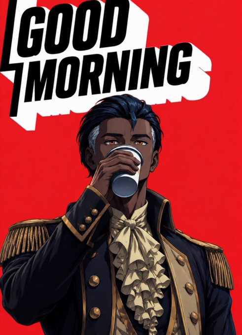 An anime-style illustration of a man drinking from a cup with 'GOOD MORNING' written in bold letters on a red background.