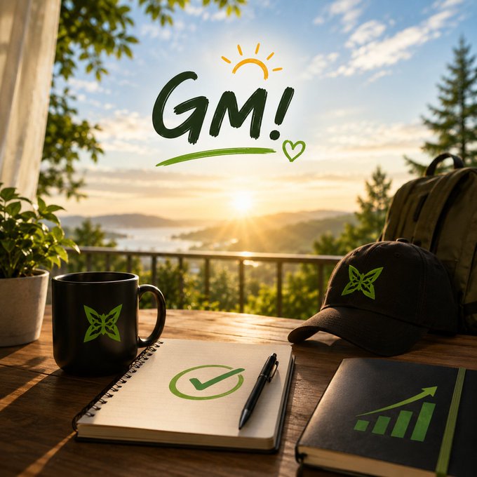 A motivational graphic displaying 'GM!' (Good Morning) above a desk with a notebook, pen, coffee mug, and cap, all branded with a green leaf logo, set against a sunrise backdrop.