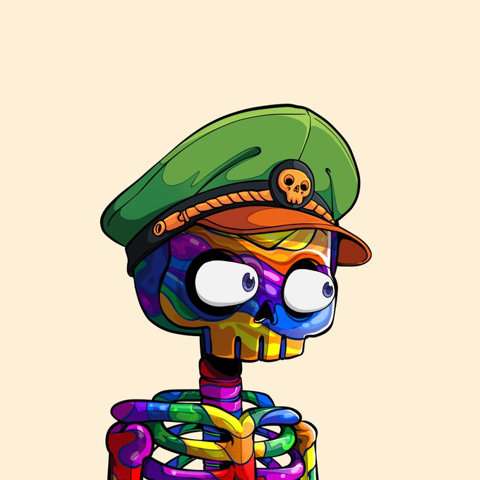 A colorful cartoon skeleton wearing a green military cap with a skull emblem against a plain beige background.