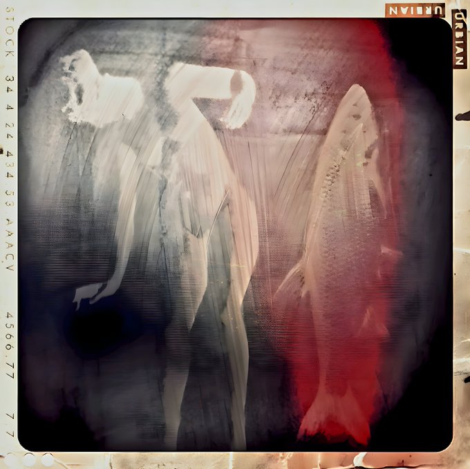 An abstract, glitchy image of pale humanoid figures with a film border that reads 'URBAN' and 'GRIAN', featuring red and blue color streaks.