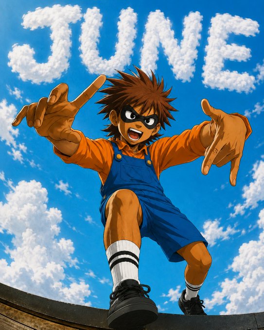 The image features a cartoon character wearing overalls and a mask standing on top of a skateboard ramp or wall. The character appears to be making a fist, possibly as part of an action pose for a poster related to June. The background is filled with clouds, adding to the overall atmosphere of the scene. The caption below the image reads "June" in white letters and includes a reference to the character's goals, suggesting that they are working towards achieving something related to the month of June or the character's personal objectives.