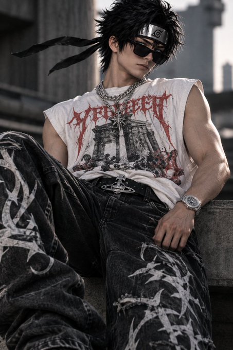 A 3D-rendered character in streetwear style sits casually, wearing a white graphic tank top, dark sunglasses, a headband with a hidden village symbol, and black pants with white text patterns.