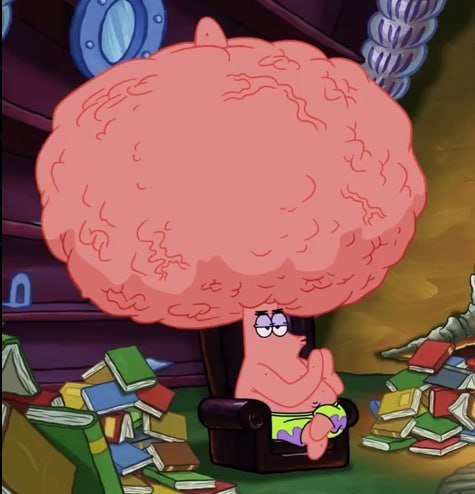 A pink Patrick Star character with an enormously enlarged, brain-shaped head sits in a chair surrounded by scattered books, appearing to ponder deeply.